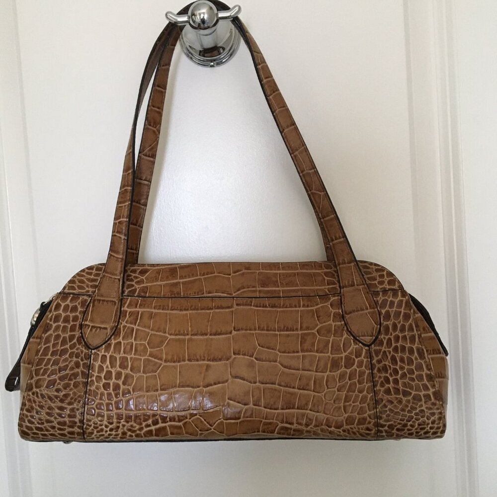 Cognac croco-print leather baguette